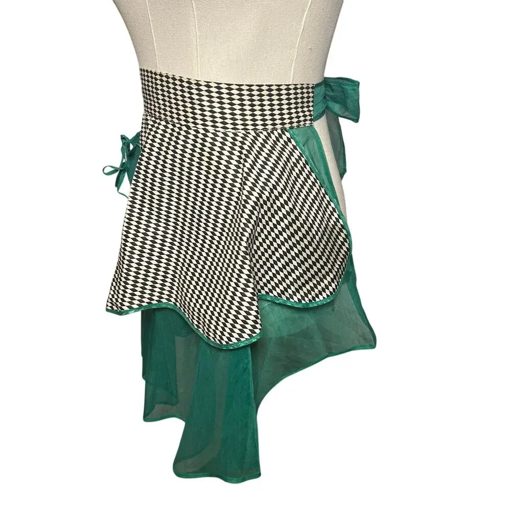 VTG 1950s Harlequin Organza Hostess Apron Green Sheer Ruffle Miu Miu Style OS